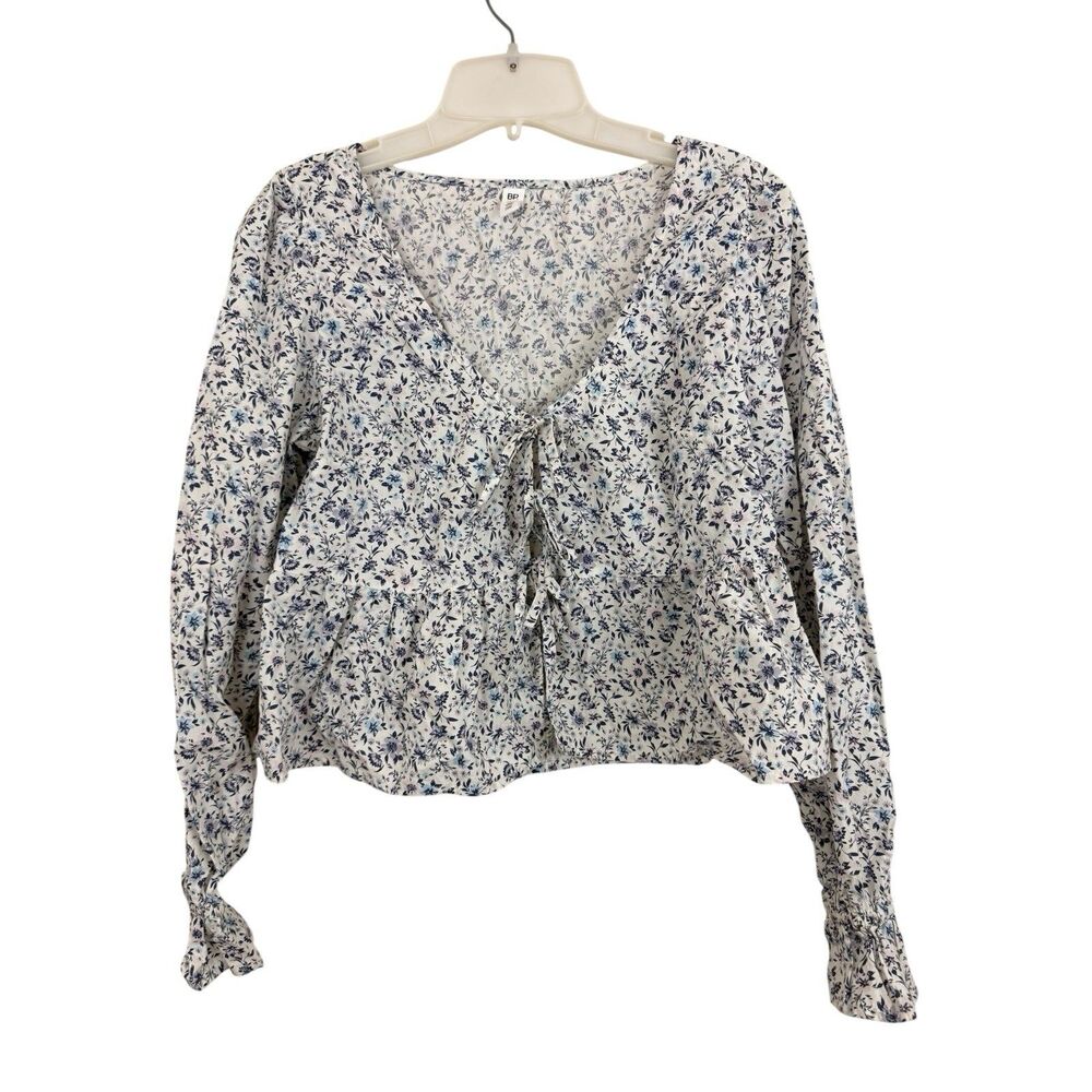 BP Nordstrom Cotton Crop Shirt Sz S Open Front Oversized Blue Floral Long Sleeve